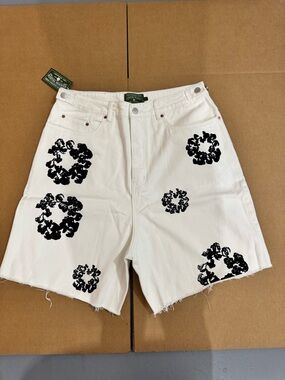 Men's White Denim Jean Shorts with Black Floral Accents
